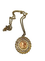 Vintage 1974 Gold Tone Lincoln Copper Penny w/Rhinestones Pendant Necklace MCM