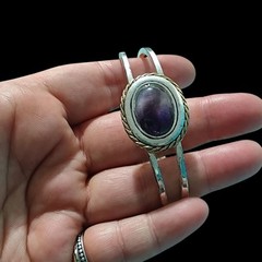 Silver & Gold Plated Purple Fluorite Oval Bangle Bracelet 7.5in