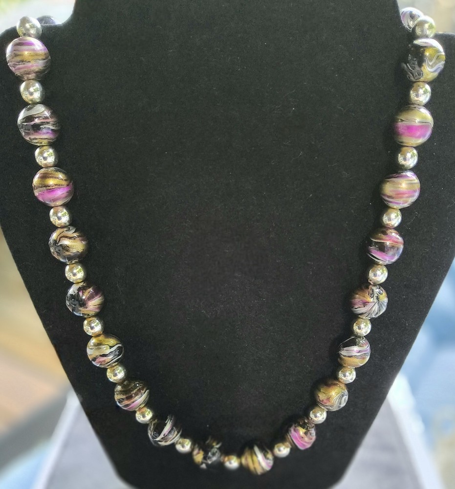 Vintage Marbled Lucite Bead Necklace Black Gold Pink Silver 24″ Mid Century
