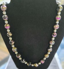 Vintage Marbled Lucite Bead Necklace Black Gold Pink Silver 24″ Mid Century