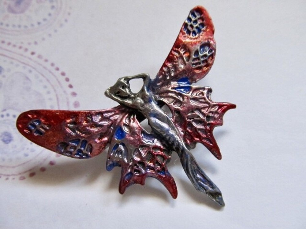 Vintage Whimsical Pink Enamel on Pewter Butterfly Winged Fairy Lady Pin Brooch