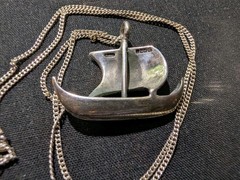 Vintage 925 F SM Sterling Silver Viking Ship Pendant & Chain Norway 8.2 G