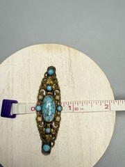 Czech Vintage Turquoise Blue Glass Cabochon Brass Filigree Brooch Pin 2.25”