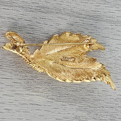 Vintage MONET Signed Brooch Pin 2” Gold Tone Textured Double Leaf Quiet Elegance
