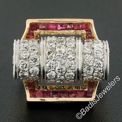 Unique Vintage Retro 14k Gold & Platinum 2.75ctw Diamond & Ruby Insert Ring Set