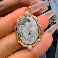 vintage Cameo pendant gray agate silver antique jewelry anniversary gift