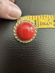 Vintage Bright Red Diamond Cut Plastic Button Clip On Earrings Gold Tone Setting