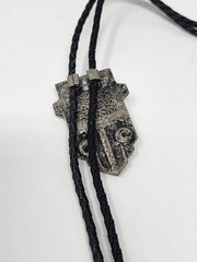 Vintage Bolo Tie Silver Tone & Black Stone Rhinestones Braided Leather Cord