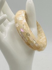 Vintage Mother of Pearl Mosaic Bangle Bracelet Cream Ivory Shell Wide Statement