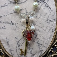 Romantic Vintage Assemblage Necklace, Valentine Heart Key & Carabiner, OoaK