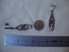 VINTAGE OPENWORK TEARDROP PINK TOPAZ W/MARCASITE SILVER 925 DANGLE STUD EARRINGS