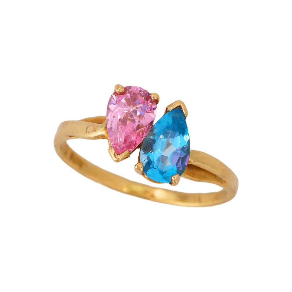 Vintage 14K Yellow Gold Pink Tourmaline Blue Topaz Toi et Moi Bypass Ring Size 7