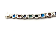 Vintage Sterling Silver Multi-Gemstone Signed Link Bracelet-Hinged-Flexible