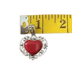 Antique 925 Silver Scrollwork Red Enamel Cabochon Heart Pendant — See Pics!