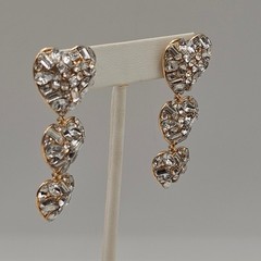 Triple Heart Dangle Earrings Gold Tone Clear Rhinestone Acrylic Statement 2.25″