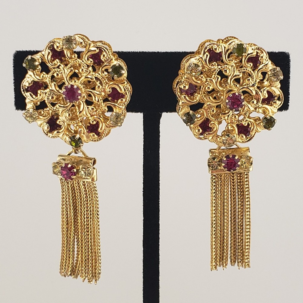 1950s Earrings Chain Tassel Filigree Gold Tone Pink Green Rhinestones Retro Glam
