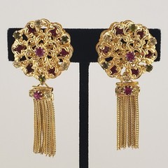 1950s Earrings Chain Tassel Filigree Gold Tone Pink Green Rhinestones Retro Glam