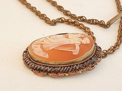 Vintage antique carved shell cameo pendant necklace gold filled harp goddess