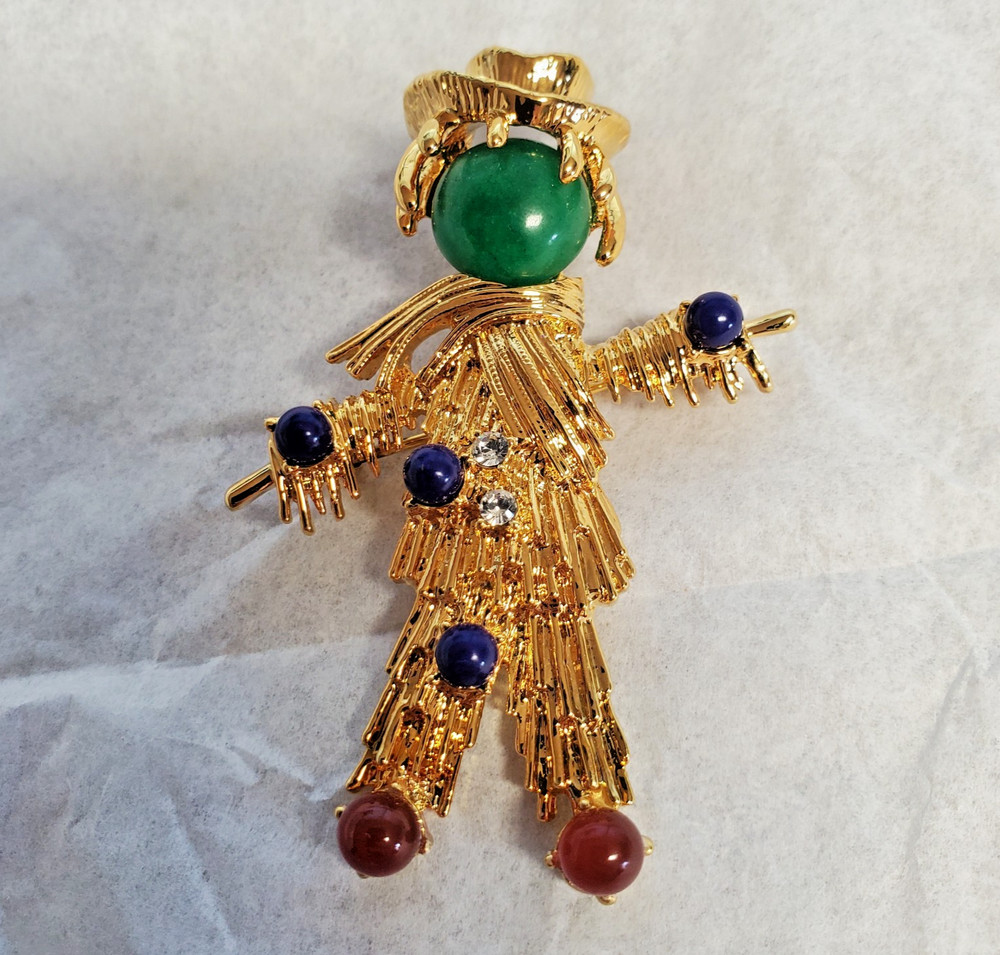 JBK Brooch 2.5in Gold Tone Glass Cabochons Scarecrow Camrose  Kross MCM Repro