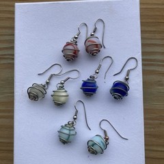 4 pr. vintage wire wrapped cased glass marble dangle, / pierced earrings