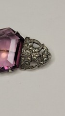 Vintage Marcasite Rhinestones Huge Purple Glass Stone Brooch