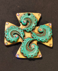 Vintage Sookie Sookie Large Maltese Cross Brooch Gold Tone Turquoise Resin AB Rh