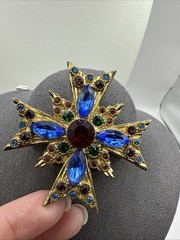 Amazing Vintage Byzantine Mogul Maltese Cross Pin Glass Emerald Ruby 2.5”