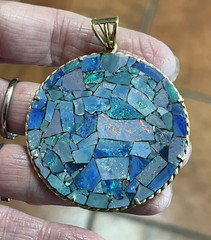 Large Vintage 14K Gold Rope Design Opal Mosaic Statement Pendant 2 5/8″ length