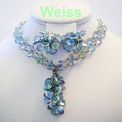 WEISS Open Back BEZEL Set MINT & BABY BLUE RHINESTONES Dangling NECKLACE & ERR
