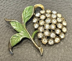 Vintage Art Deco Large Fruit Leaf Brooch Enamel & Rhinestone Pot Metal Pin