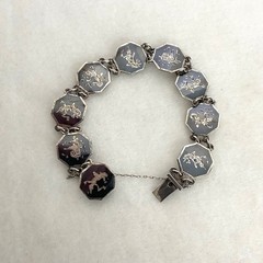 VTG Siam Sterling Silver 925 Niello Black Enamel Panel Bracelet 6.75″