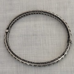 Antique Sterling Silver Engraved Channel Set Square Paste Hinged Bangle Bracelet