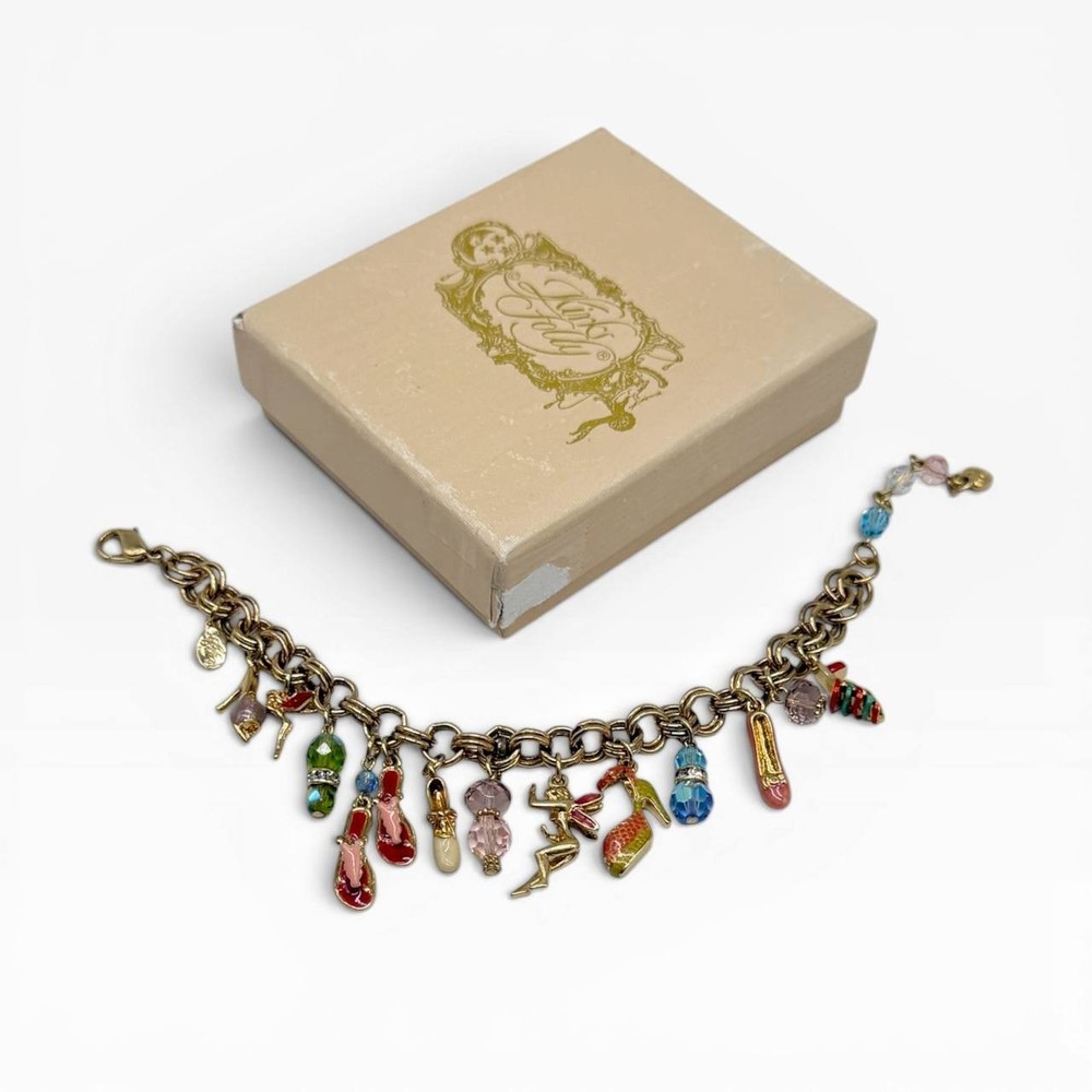 Kirks Folly Charm Bracelet Fairy Shoes Crystal Gold Tone Vintage Box