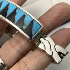 VTG Sterling Silver Turquoise Inlay TR-110 Mexico Hinged Link Bracelet
