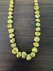 Freshwater Baroque Pearl Necklace Golden Green Knotted Strand 14K Gold Clasp 18″
