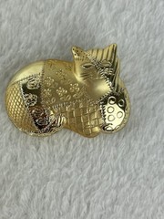 Vintage AJC Etched Cat Brooch Pin Gold Tone Patchwork Floral Metal