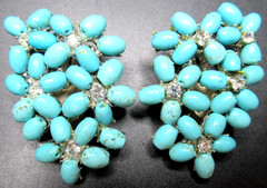 SIMAN TU Genuine Turquoise Flowers Vintage Clip Earrings