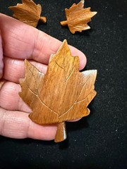 Vintage Handcarved Wooden Maple Leaf Brooch & Clip Earrings Set
