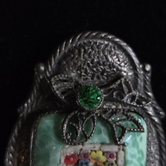 Antique Silver Tone Millefiori Micromosaic Brooch Pin Green Rhinestones Art Deco