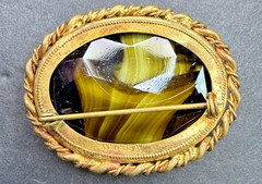 Signed WEST GERMANY Art Glass GREEN SLAG GLASS CABOCHON PIN VTG