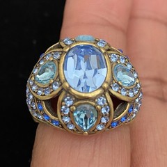 VTG Deco Styled Motif Dome CocktailStatement Ring Size 9.5 Goldtone Blue Stones