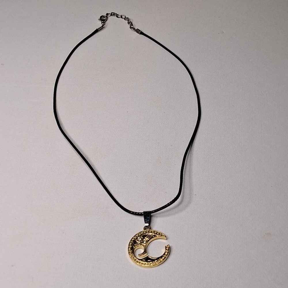 Crescent Moon Pendant Necklace Rhinestone Black Cord Boho Gold Tone Vintage