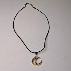 Crescent Moon Pendant Necklace Rhinestone Black Cord Boho Gold Tone Vintage