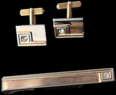 Vintage Gold Tone Swank Cufflinks and Tie bar Clip w/ Rhinestone Accents