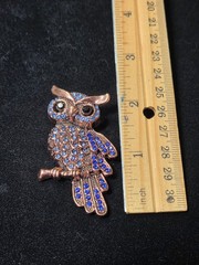 Owl Brooch Bird Pin Blue Rhinestone Gold Autumn Animal Jewelry Gift