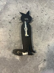 Vtg Black Cat Wood Pin Brooch with Metal whiskers and eyes