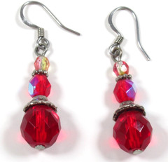 Vintage Red Faceted Bead Dangle Earrings Silver Tone Hook