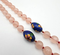 VINTAGE Rose Quartz Bead Necklace Pink Cloisonne Floral Spacer Knotted 32in