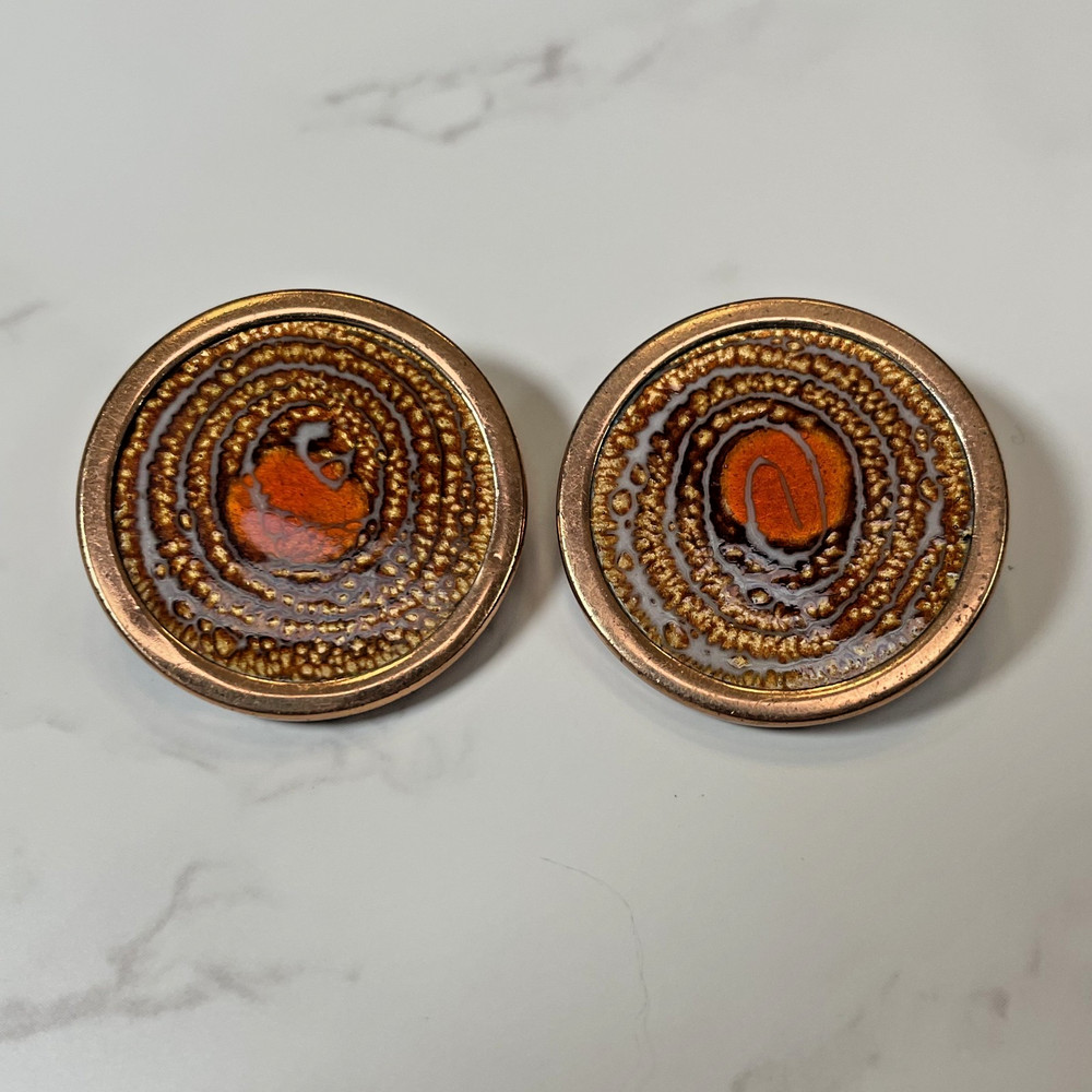 Vintage Matisse & Renoir Collab Burnt Orange & Gold Enamel Over Copper Earrings
