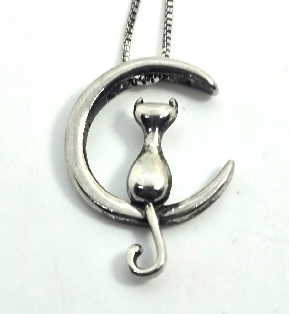 Crescent moon sitting kitty cat celestial sterling silver retro necklace